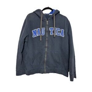 Y2K Vintage Nautica Hoodie Mens Navy Blue XL Embroidered Full-Zip Athletic